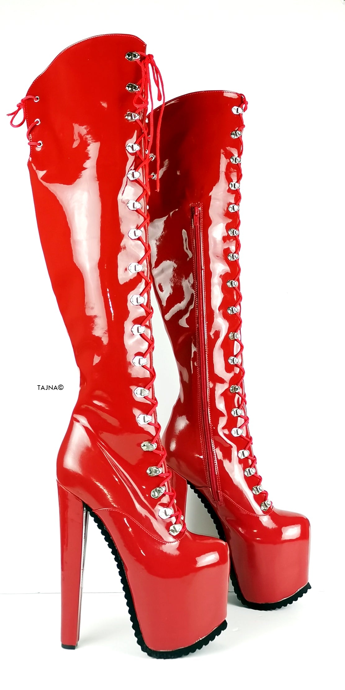 Serrated Sole Red Military Lace Up Over Knee Boots | Tajna