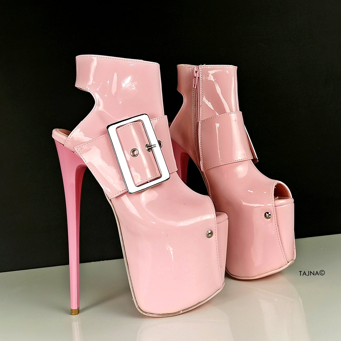 Light Pink Patent Big Belted Ankle Heels - Tajna Club