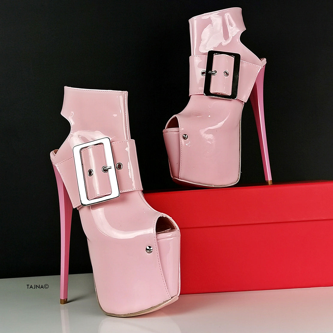 Light Pink Patent Big Belted Ankle Heels - Tajna Club