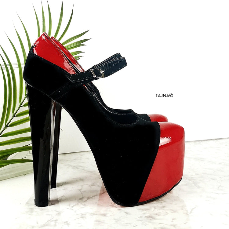 Red Gloss Black Suede Mary Jane Heels - Tajna Club