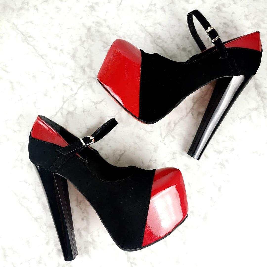 Red Gloss Black Suede Mary Jane Heels - Tajna Club