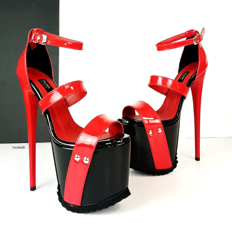 Black Red Patent Serrated Sole Platform Sandals - Tajna Club