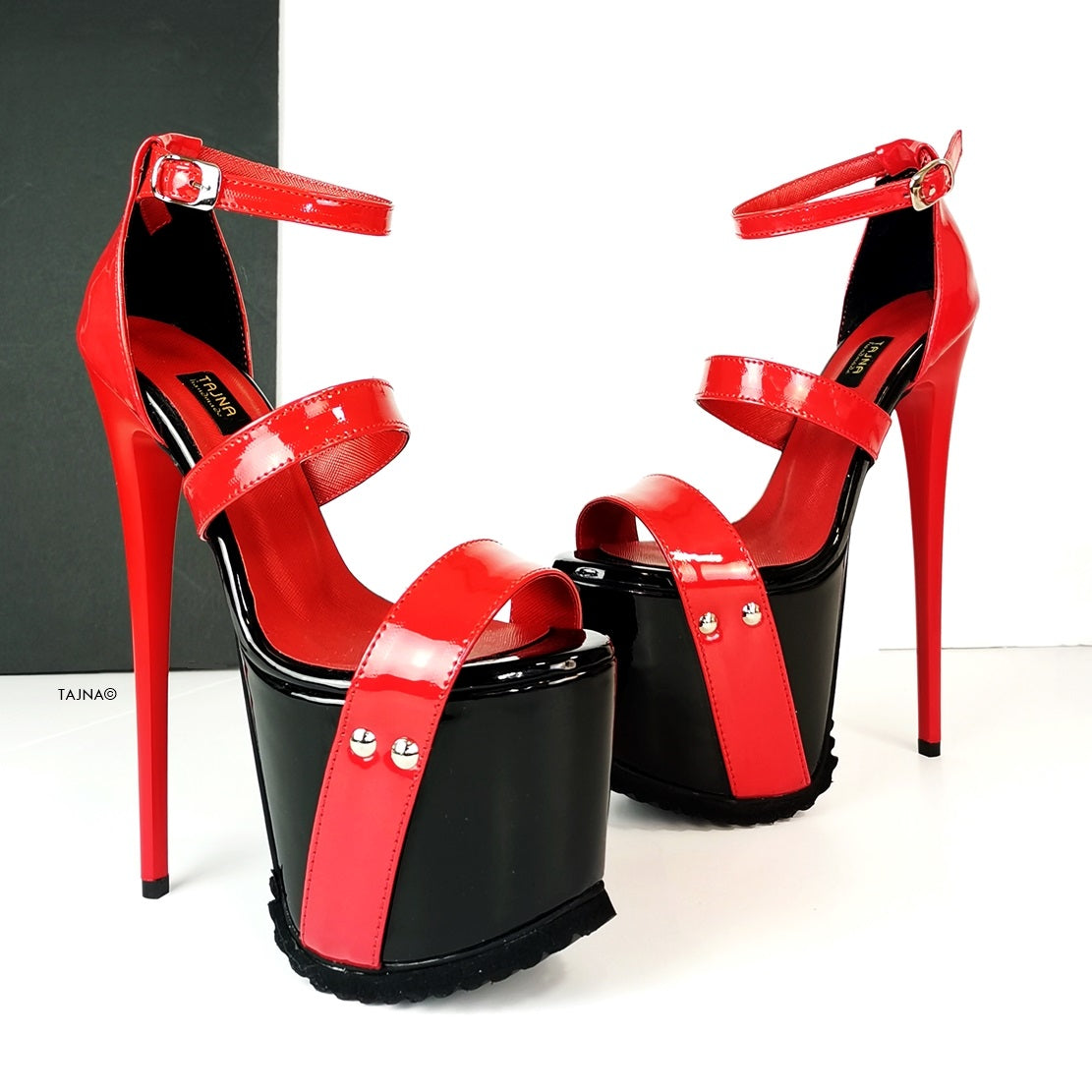 Black Red Patent Serrated Sole Platform Sandals | Tajna Club