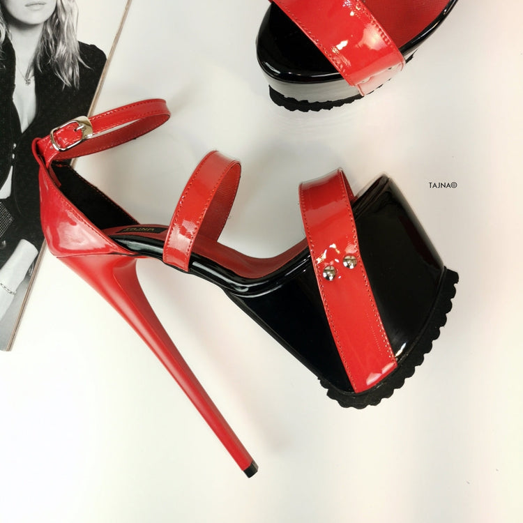 Black Red Patent Serrated Sole Platform Sandals - Tajna Club