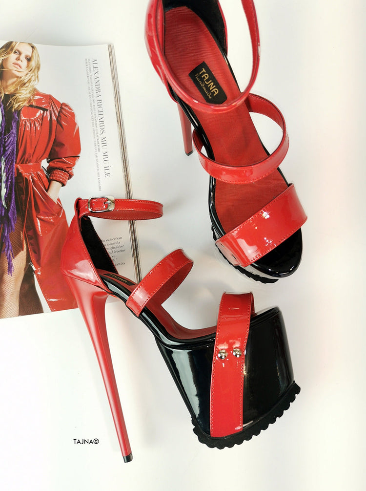Black Red Patent Serrated Sole Platform Sandals - Tajna Club
