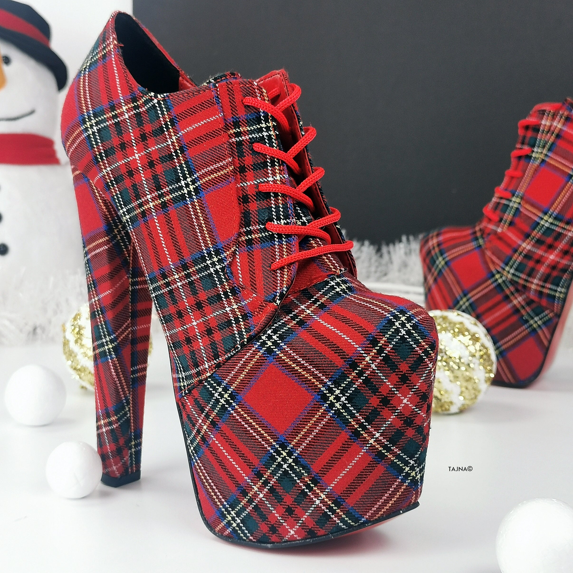 Tartan Red Plaid Oxford Chunky High Heels - Tajna Club