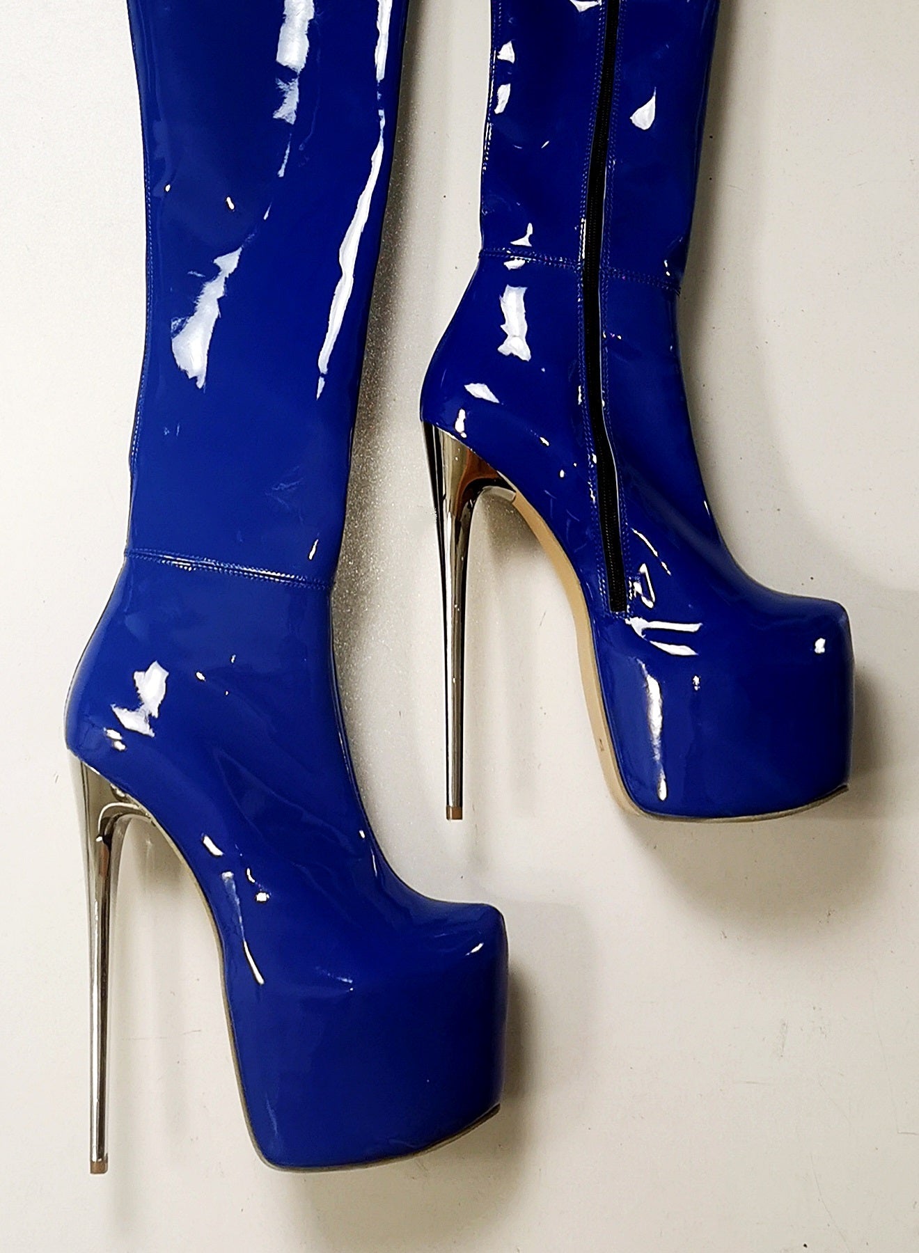 Saxe Blue Gloss Thigh High Heel Boots - Tajna Club