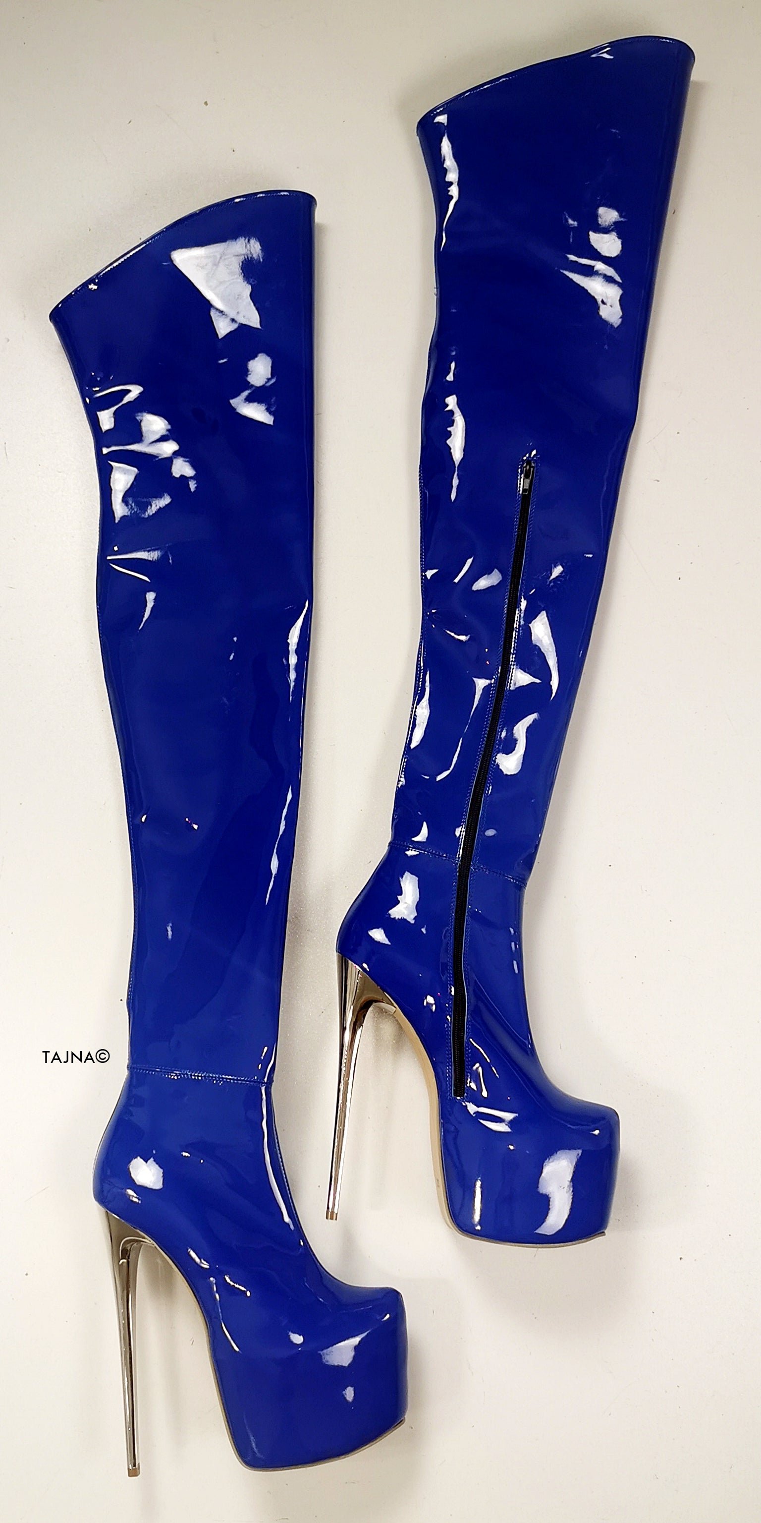 Saxe Blue Gloss Thigh High Heel Boots - Tajna Club