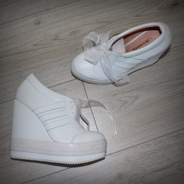 White Lace Up Sport Platform Wedges - Tajna Club