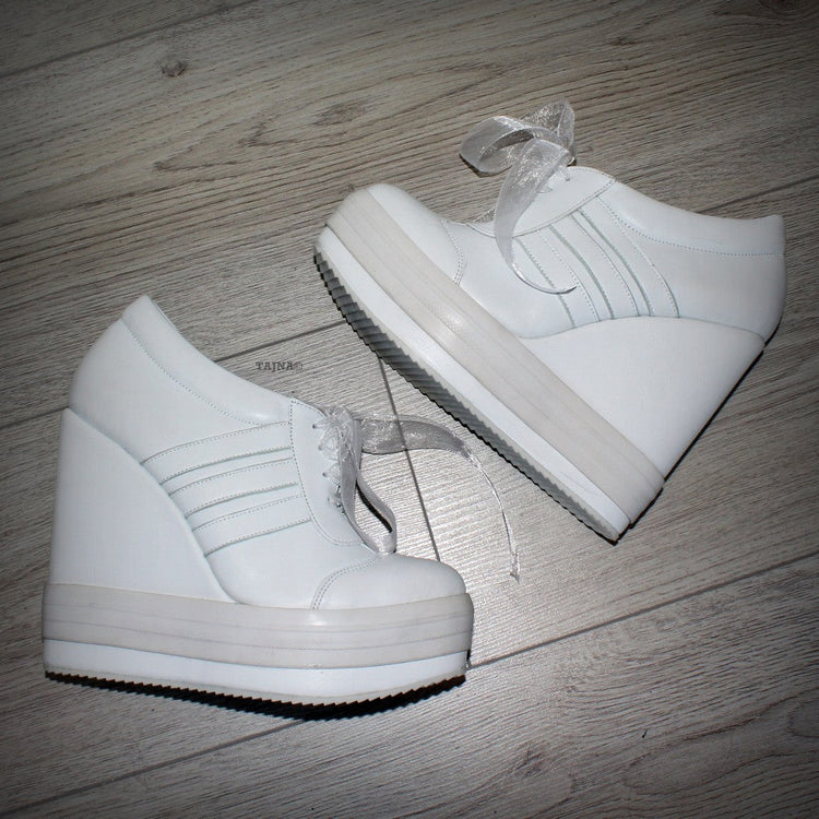 White Lace Up Sport Platform Wedges - Tajna Club