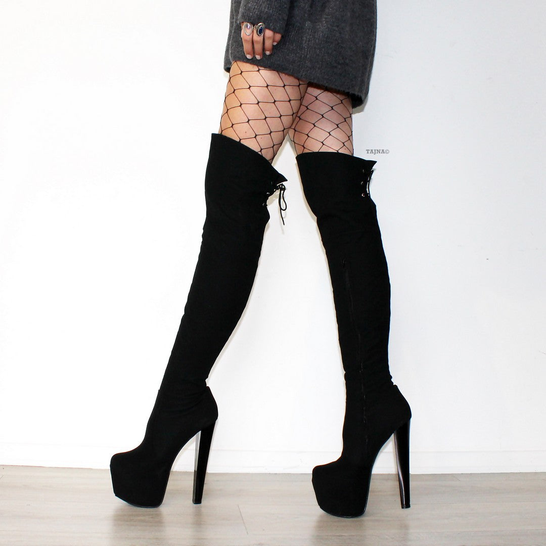 Black Suede  Over Knee High Platform Boots - Tajna Club