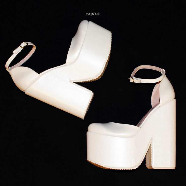 Ivory Closed Toe Ankle Strap Platform 20 cm Wedges - Tajna Club