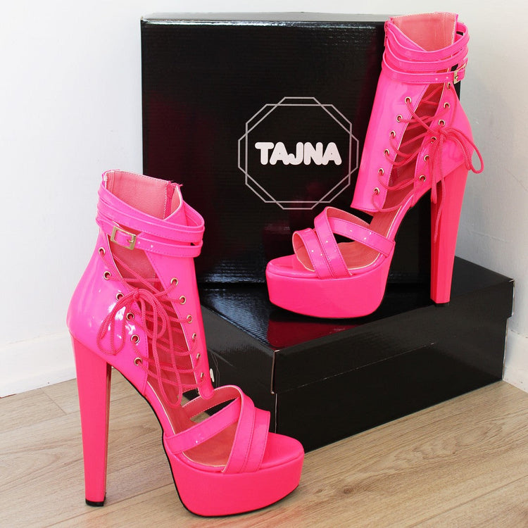 Neon Pink Lace Up Super High Heel Platform Shoes - Tajna Club