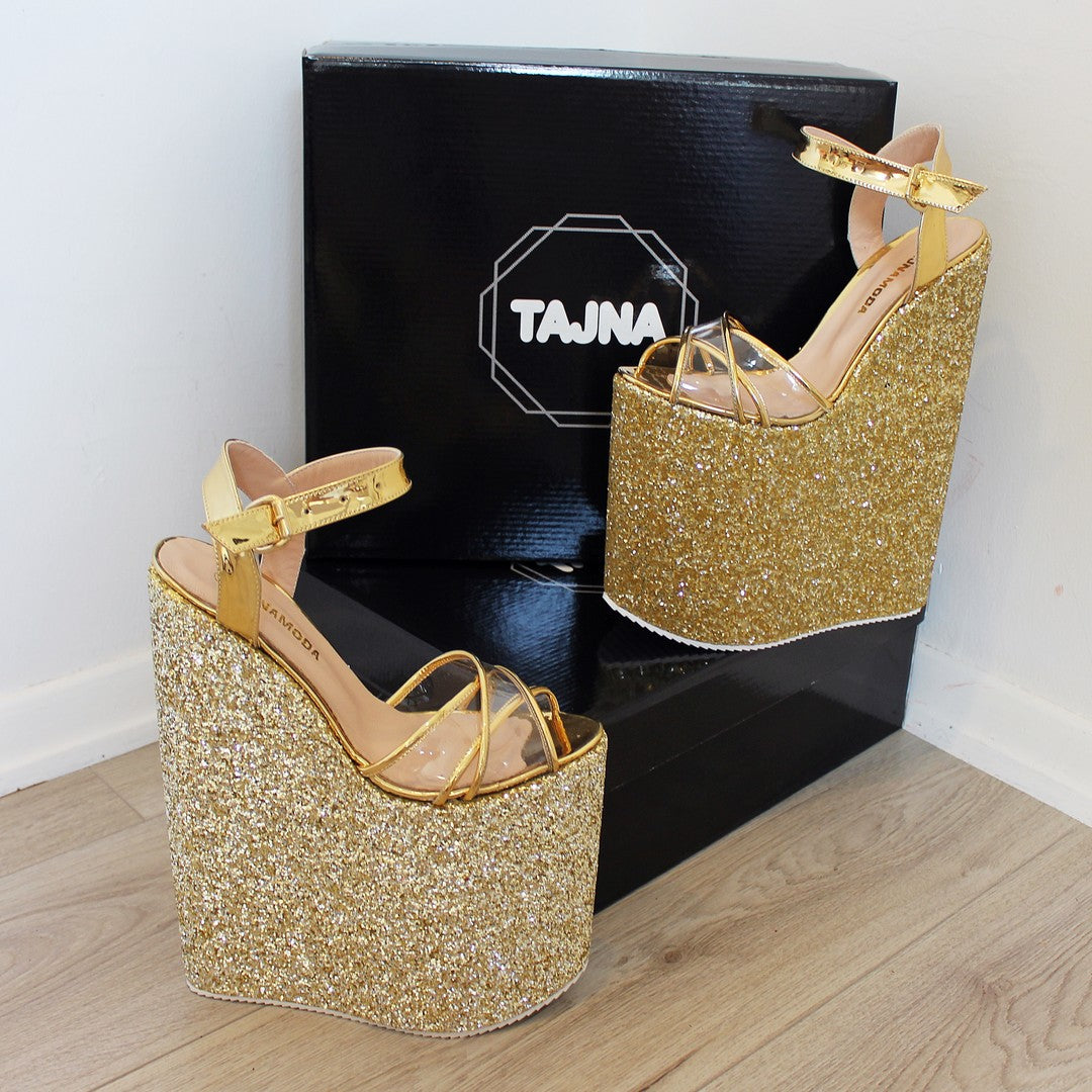 30 cm Gold Shiny Platforms High Heeles Wedge - Tajna Shoes