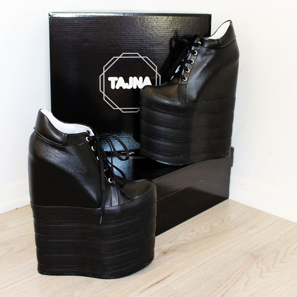 Lace Up Black Super High Heel Wedge Platforms - Tajna Club