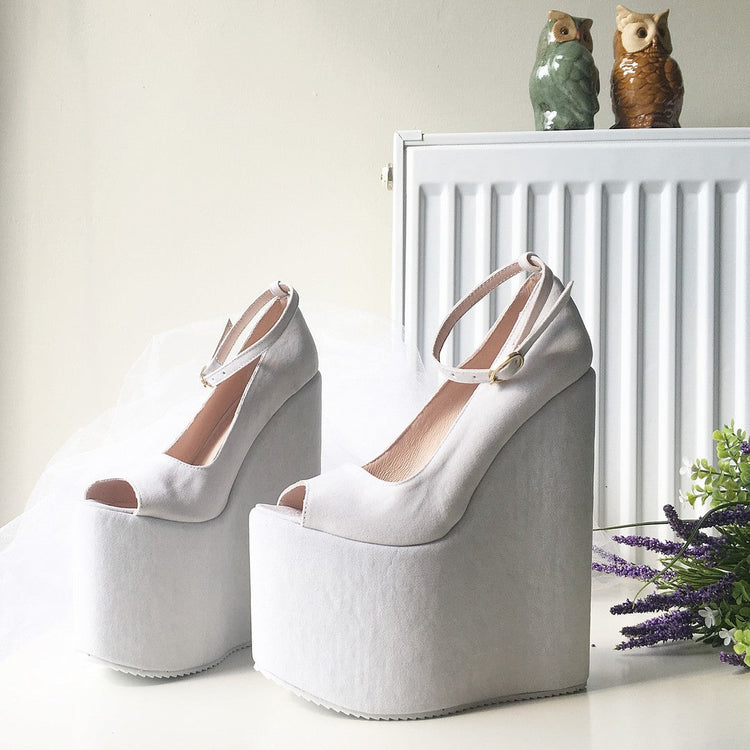 White Suede Ankle Strap Peep Toe High Heel Wedge Platform Shoes - Tajna Club