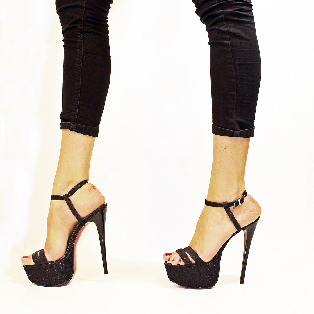 Black Shiny Shimmer High Heel Platform Sandals - Tajna Club