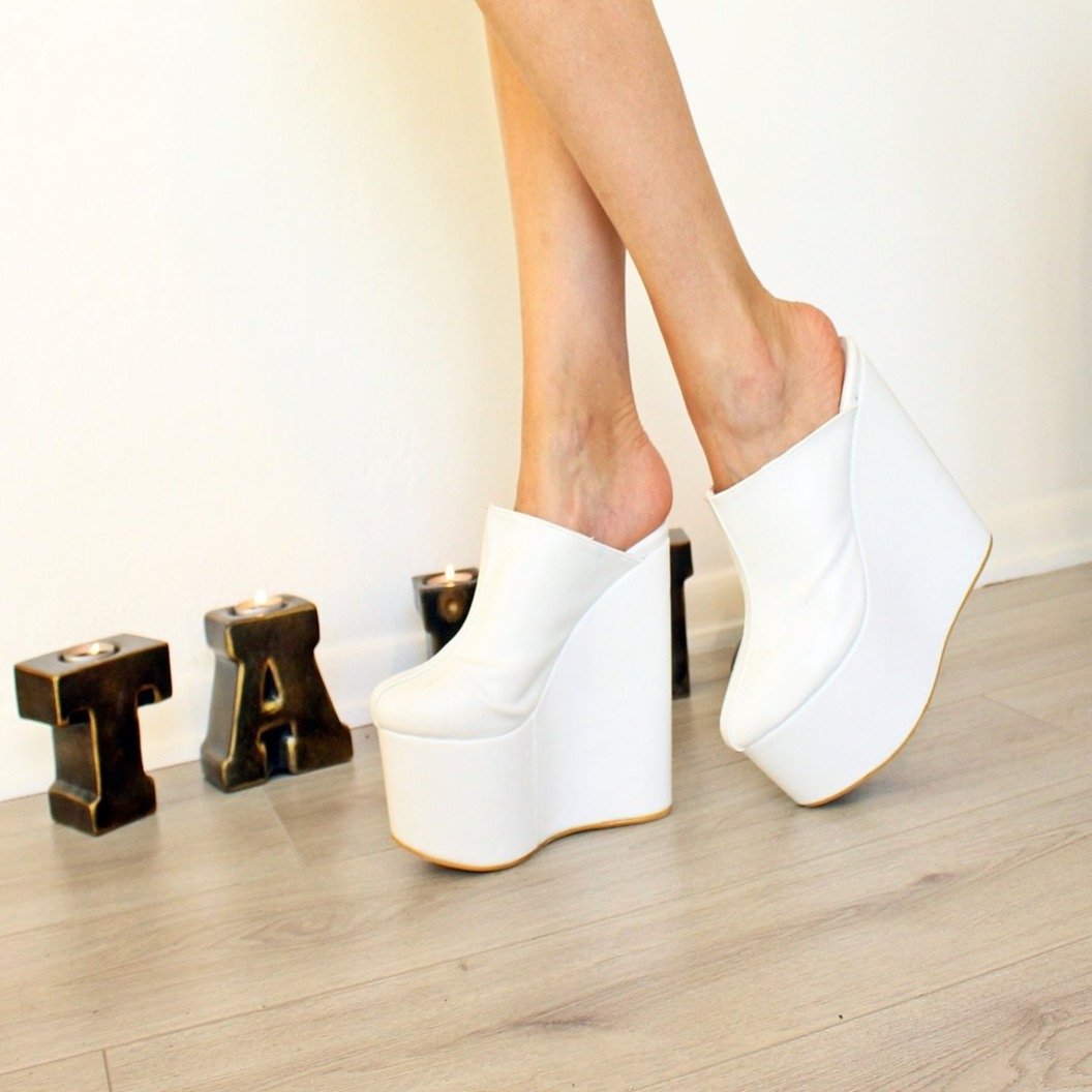 Sabo White 16 cm High Heel Platform Wedge Mules - Tajna Club