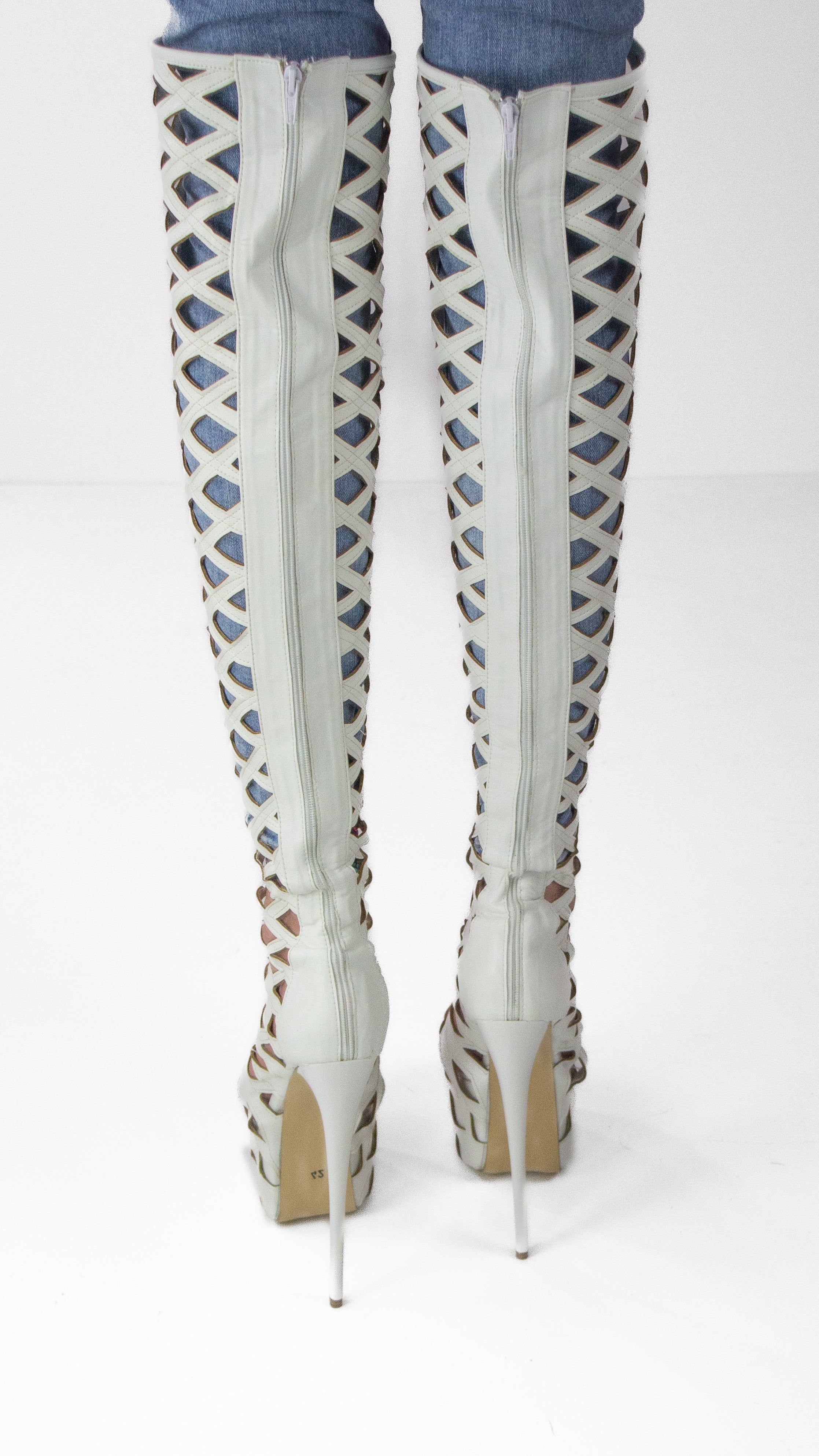 White Laser Cut Knee High Boots