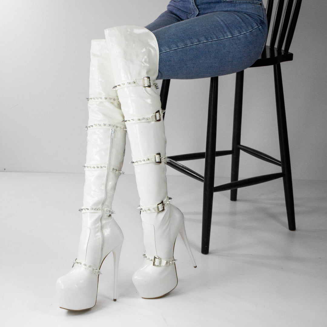 White Belted Knee High Boots with Spikes