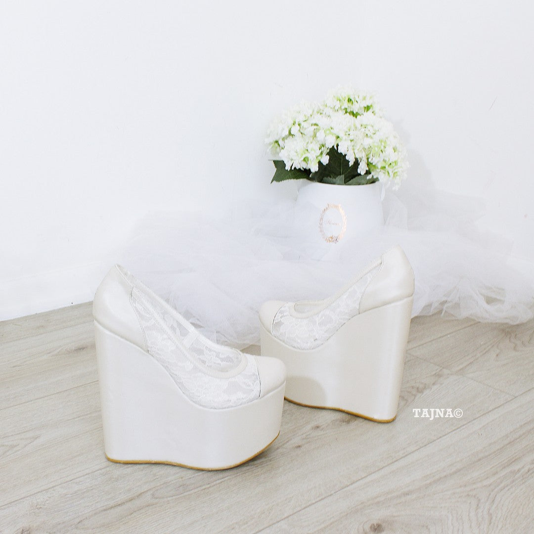 Ivory White Lace Platform Heel Wedding Shoes - Tajna Club