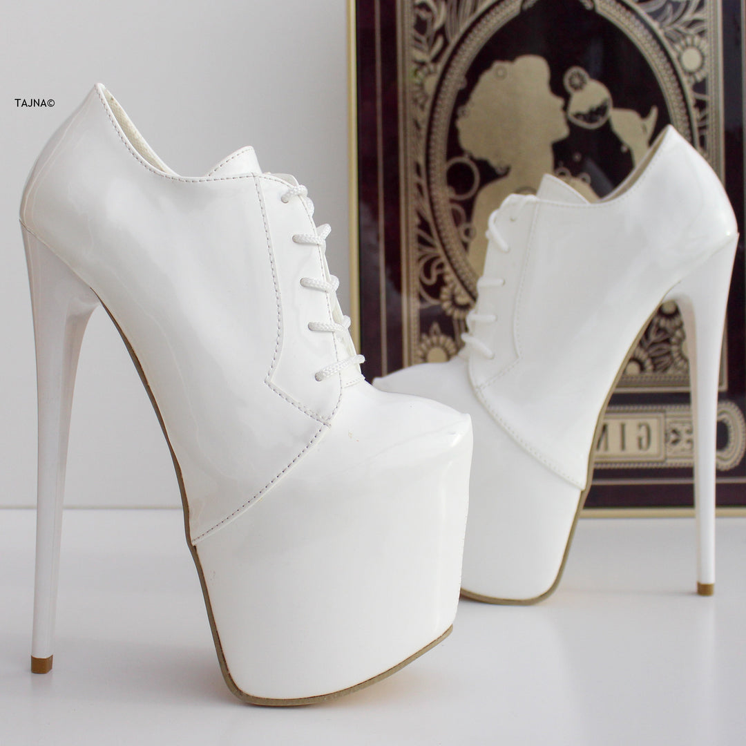 White Gloss Lace Up Oxford High Heel Booties
