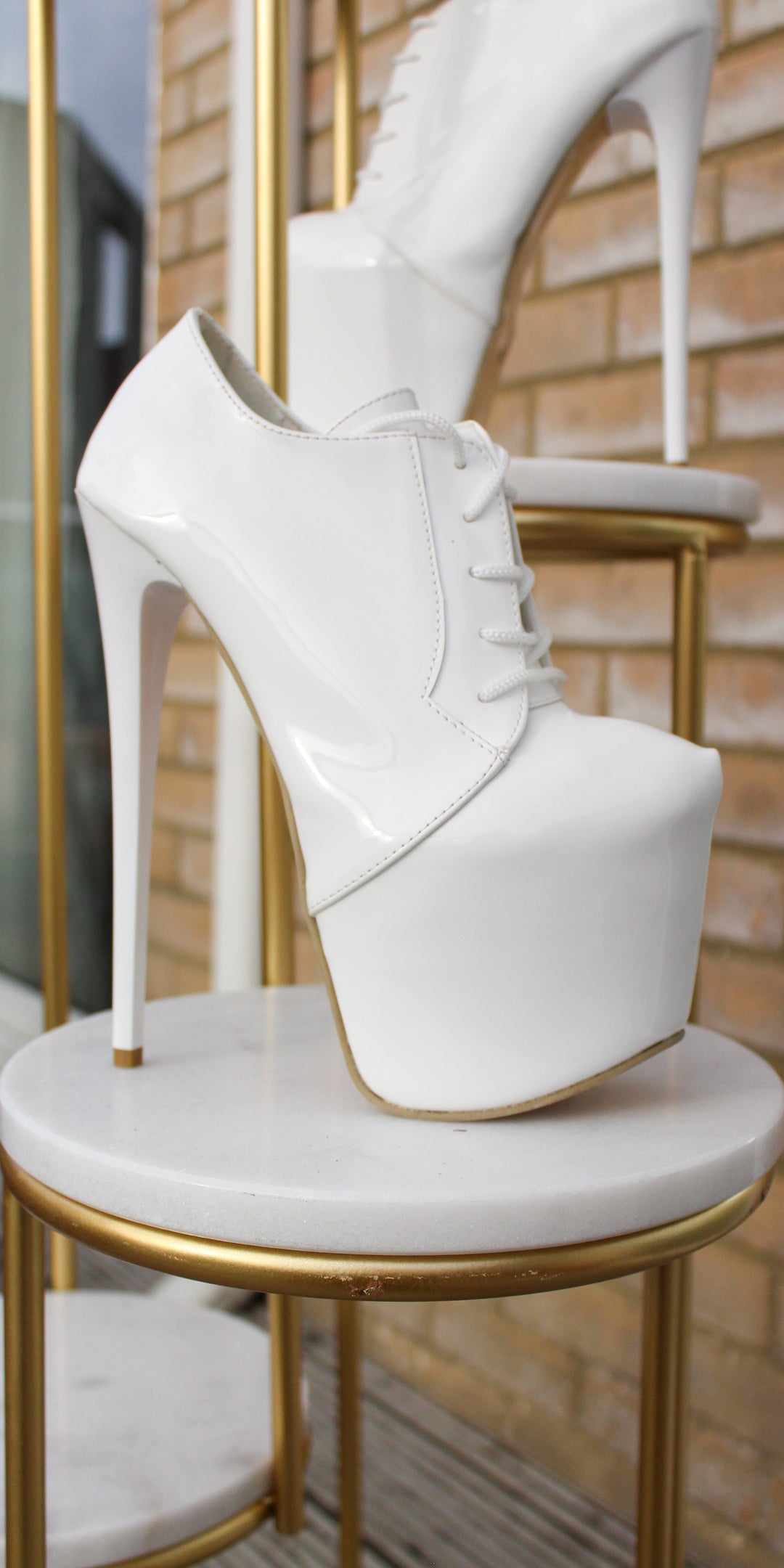White Gloss Lace Up Oxford High Heel Booties