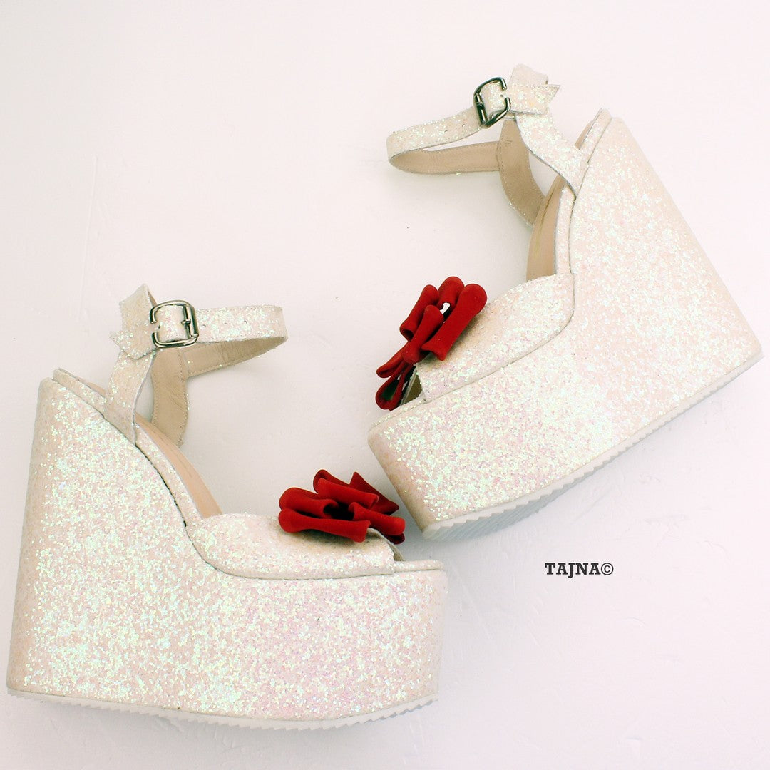 Shiny White Red Ribbon Peep Toe Wedge Shoes - Tajna Club
