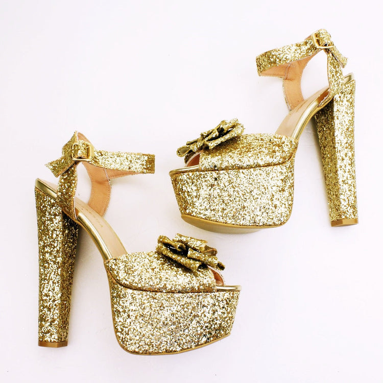 Gold Glitter Ribbon Bridal Platform Shoes - Tajna Club