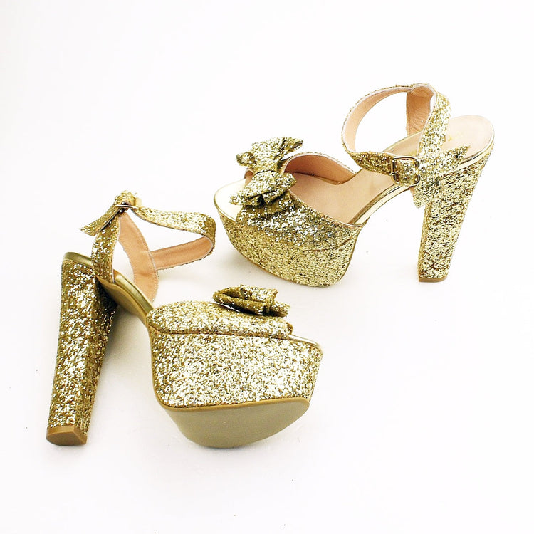 Gold Glitter Ribbon Bridal Platform Shoes - Tajna Club