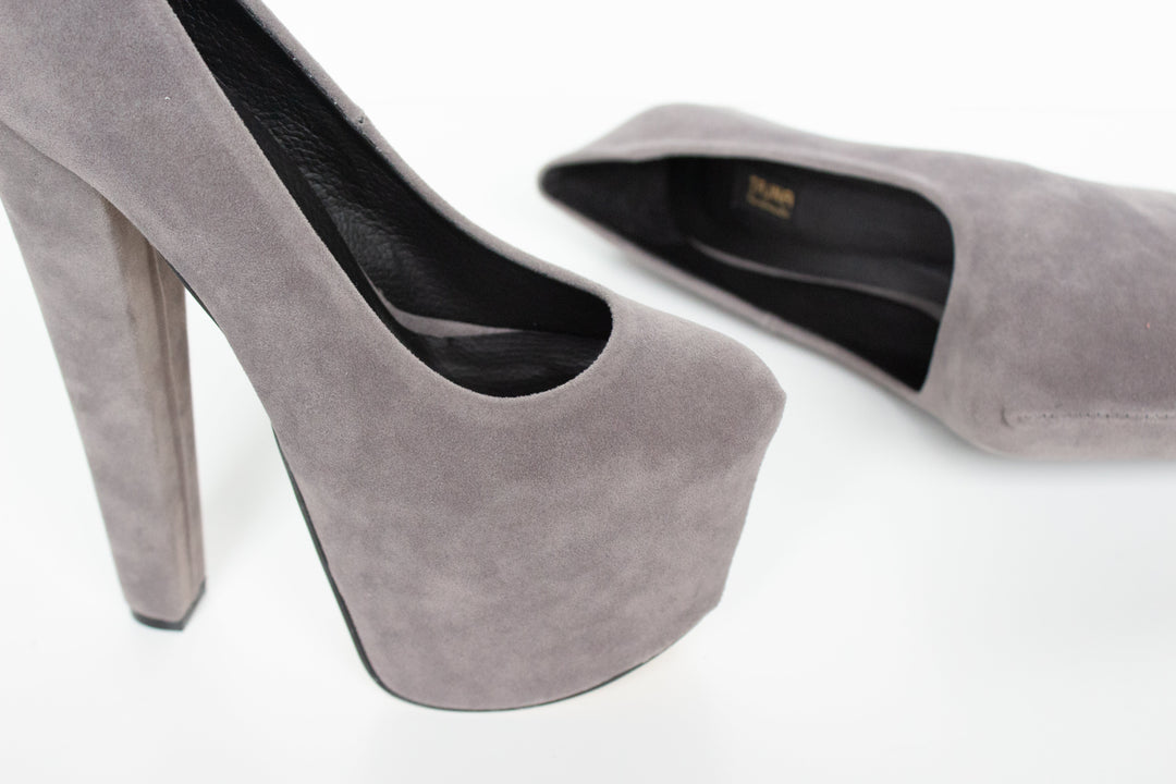 Grey Faux Suede Platform Chunky Heels