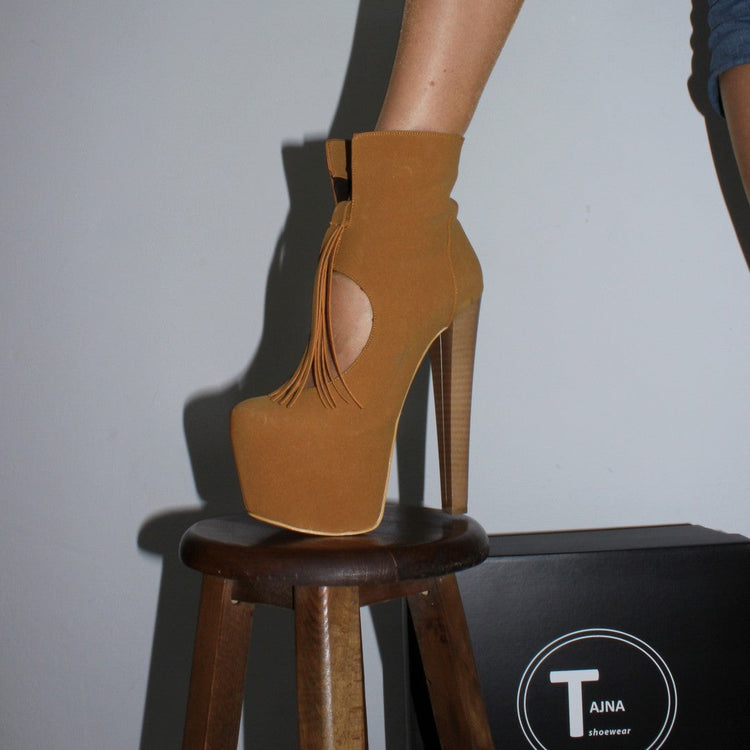 Camel Fringe Platform Ankle Booties - Tajna Club