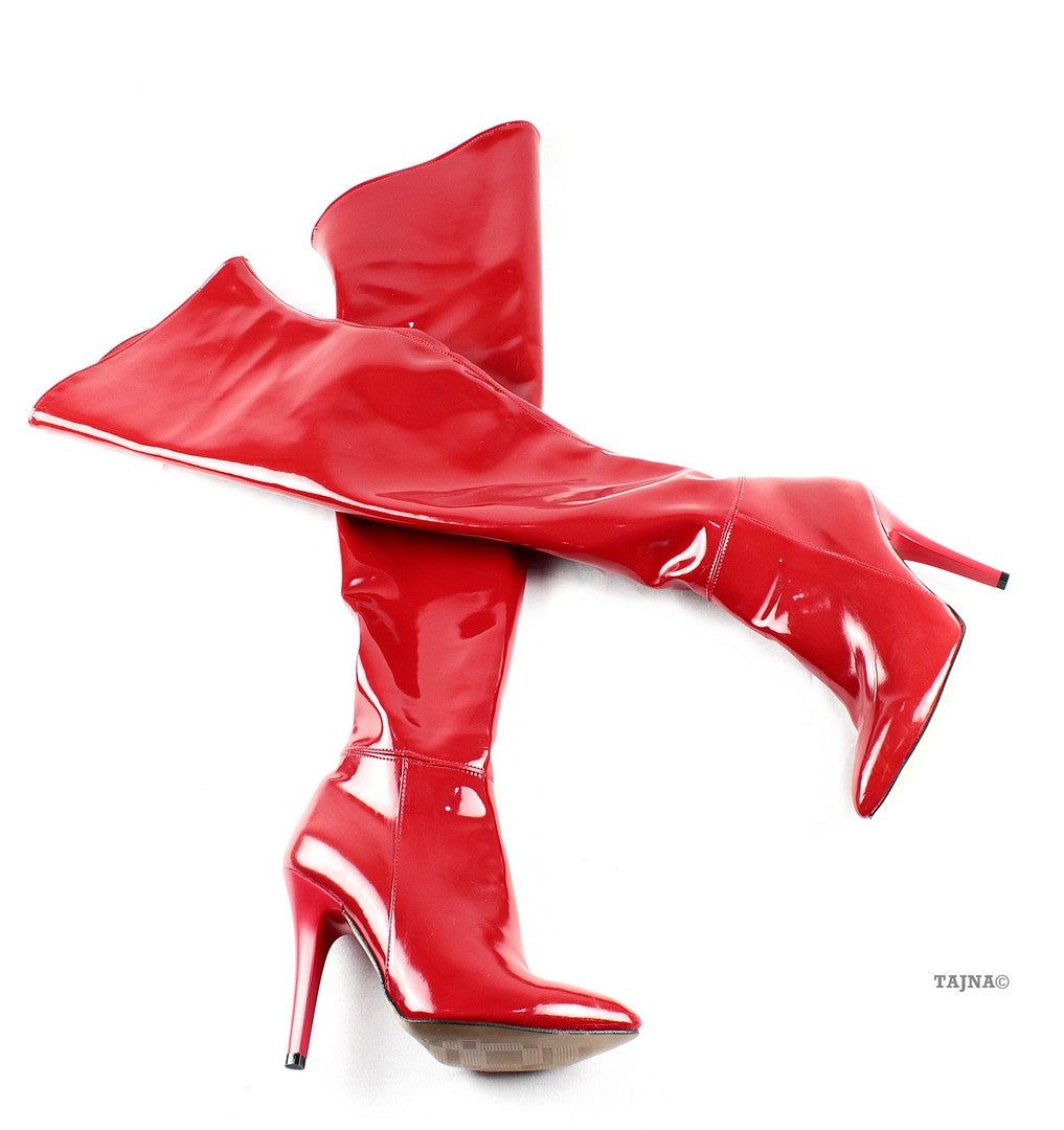 Strech Red Patent Over Knee Boots - Tajna Club