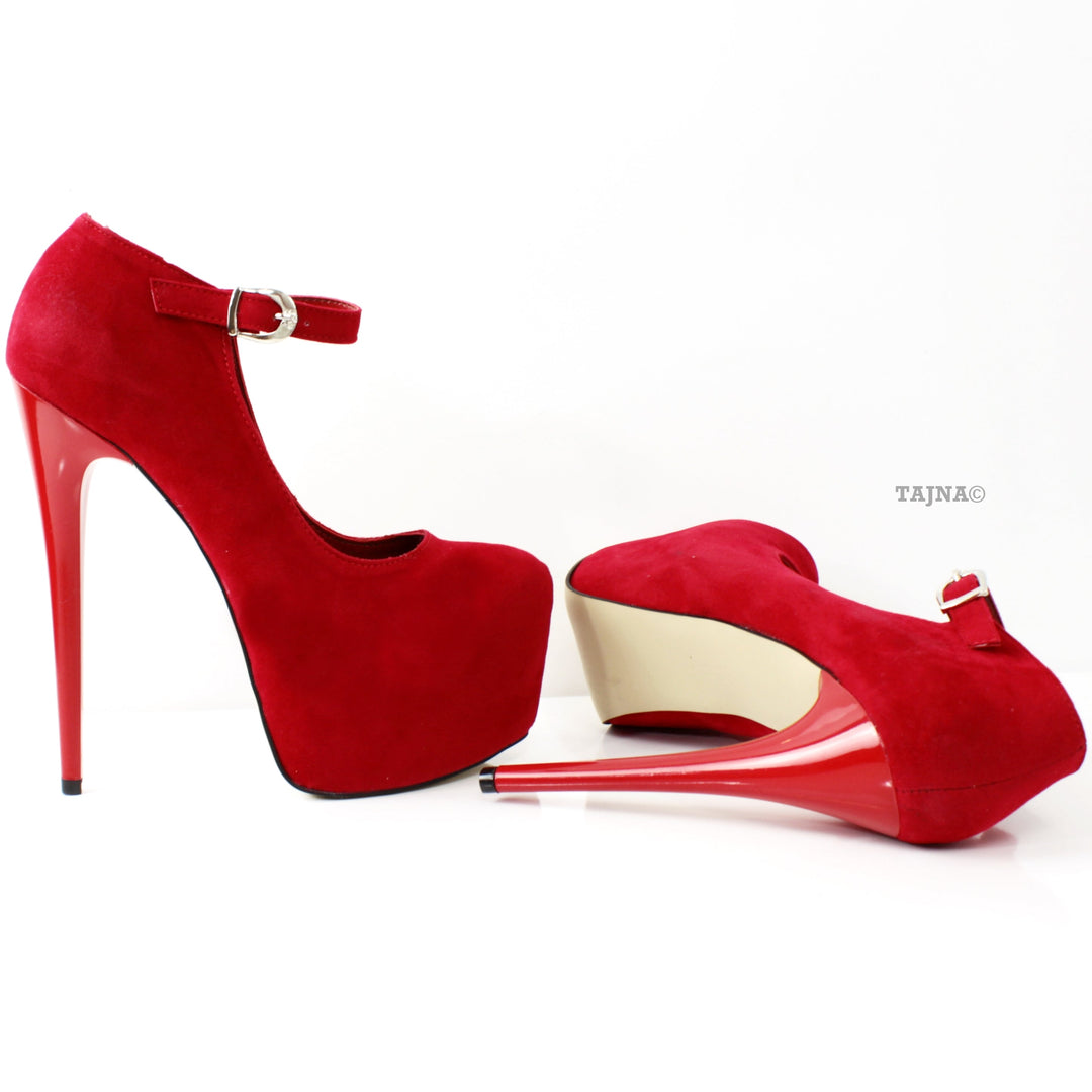 Red Suede Strap Pencil Heels - Tajna Club