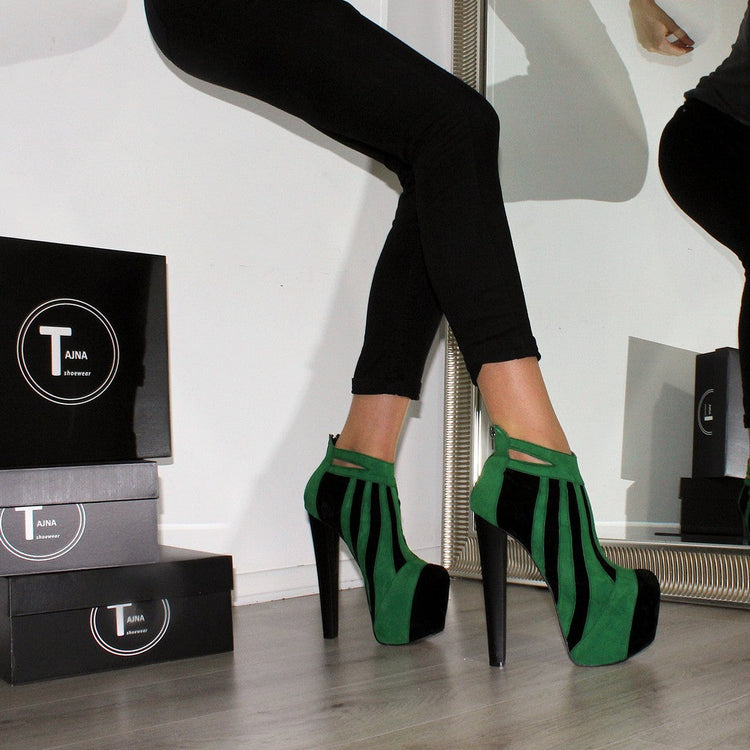 Green Black Stripe High Heel Platform Ankle Boots - Tajna Club