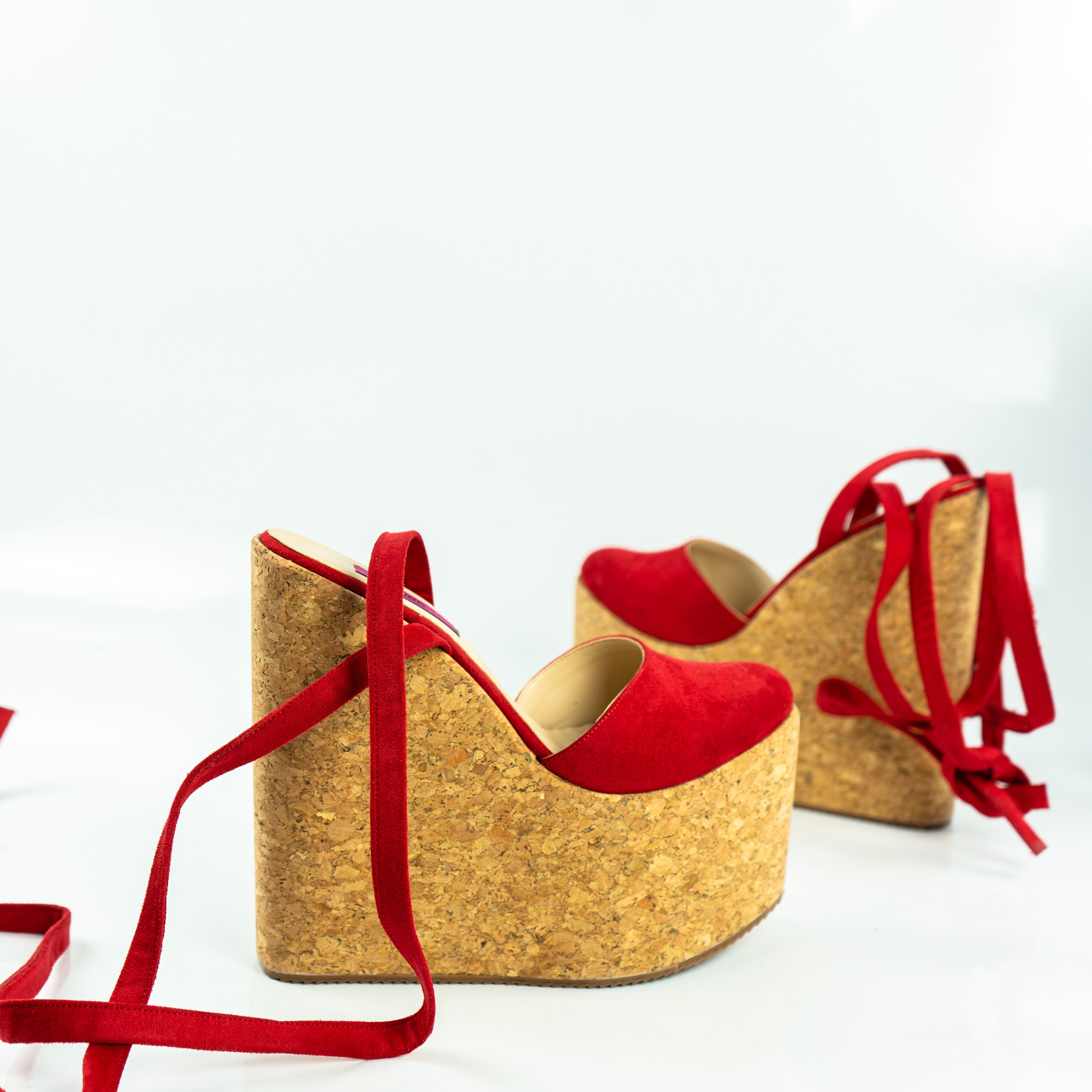 Red Suede Cork Wedge Lace Up Sandals Tajna Shoes Tajna Club