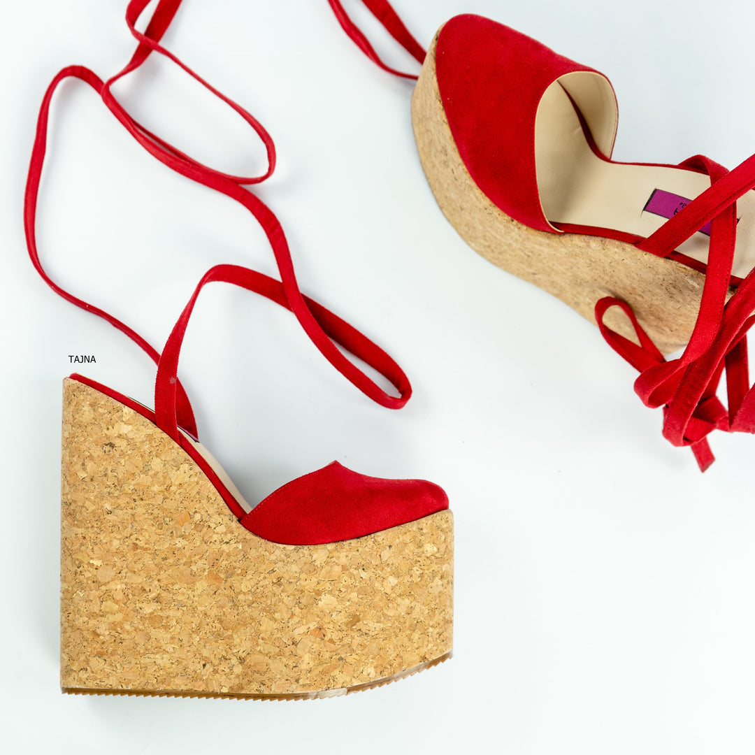 Red Suede Cork Wedge Lace Up Sandals - Tajna Club