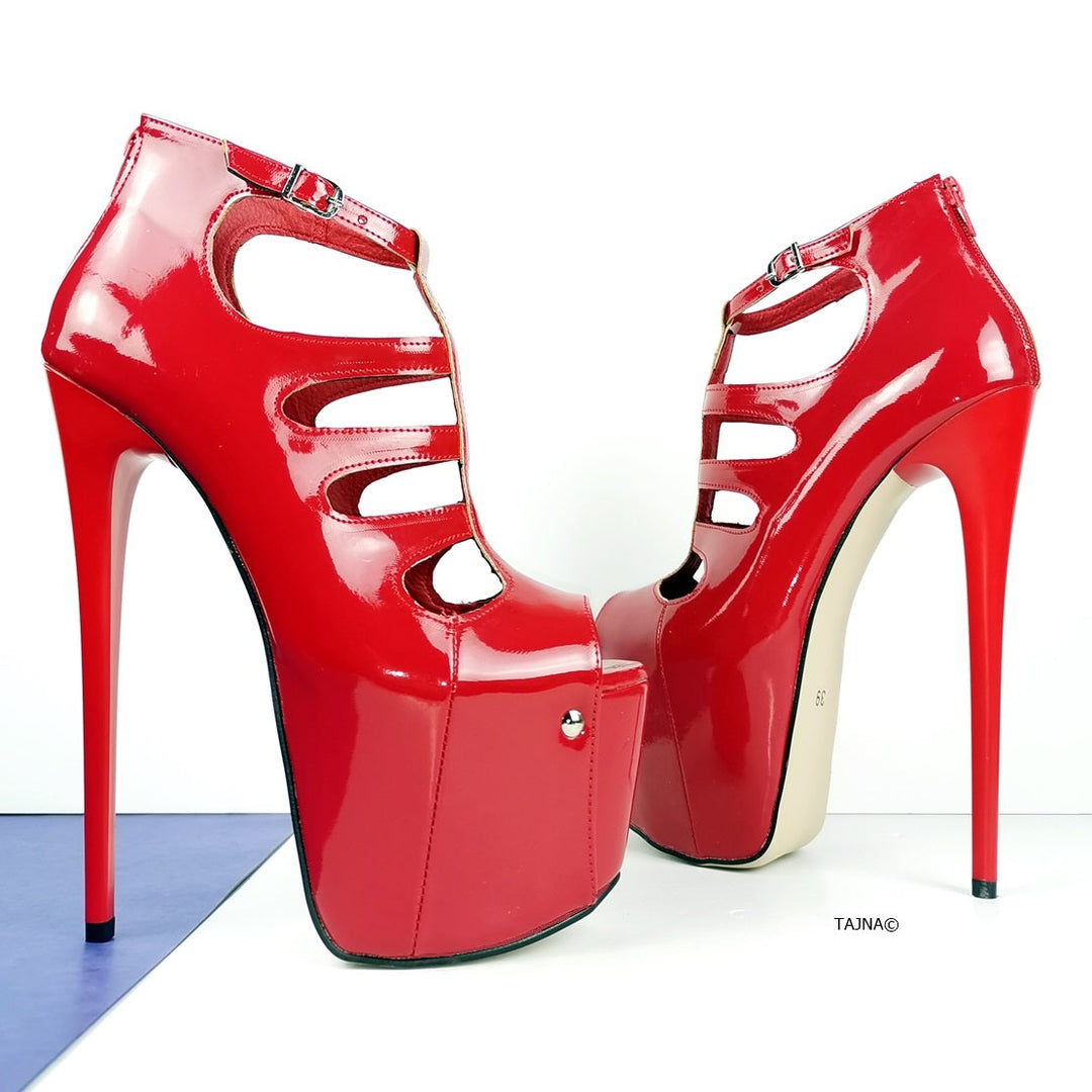 Red Patent Cage Platform Ankle Heels - Tajna Club