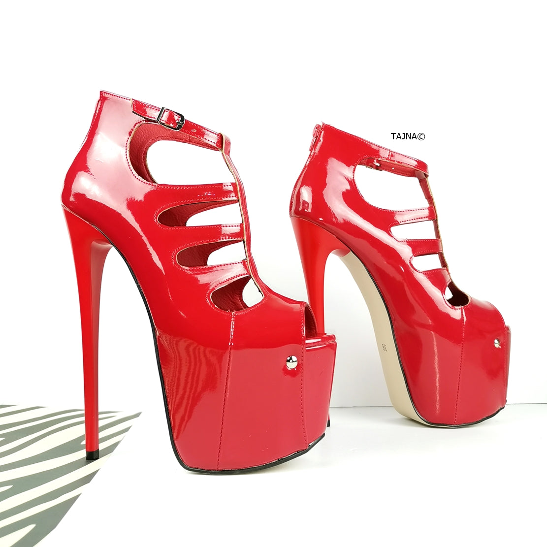 Red Patent Cage Platform Ankle Heels - Tajna Club