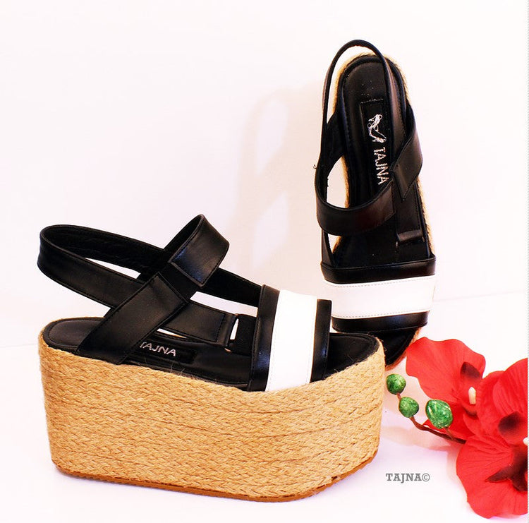 White Black Espadril Wedge Platform Sandals - Tajna Club