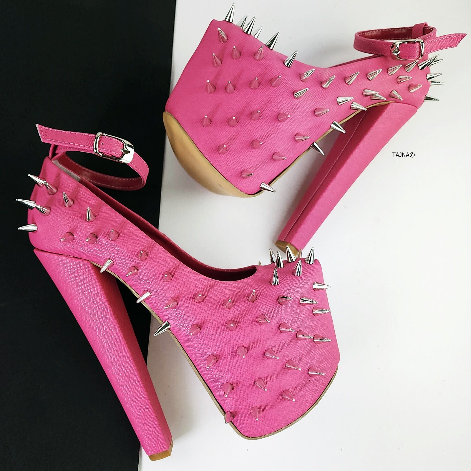 Studded Patent Leather Platform Pumps Ankle Strap Crystal Sparking Round  Toe Buckled High Heels Chunky Heel