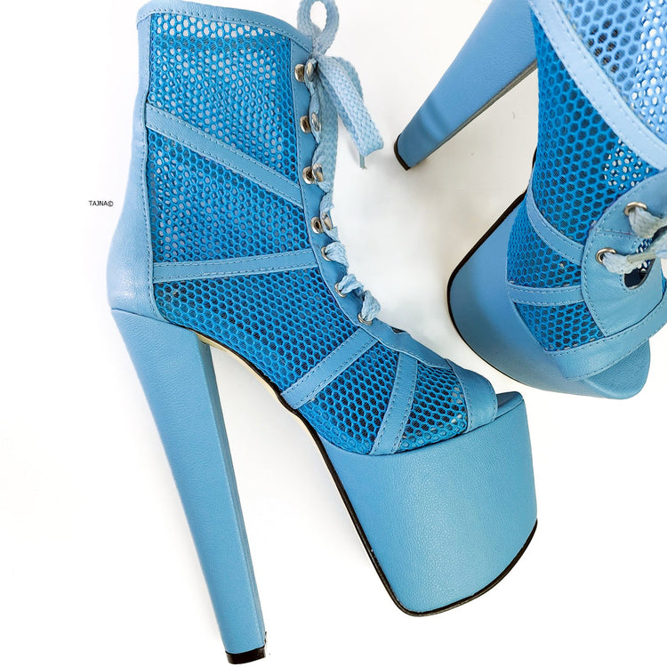 Blue Fishnet Lace-up  Platform High Heel Booties