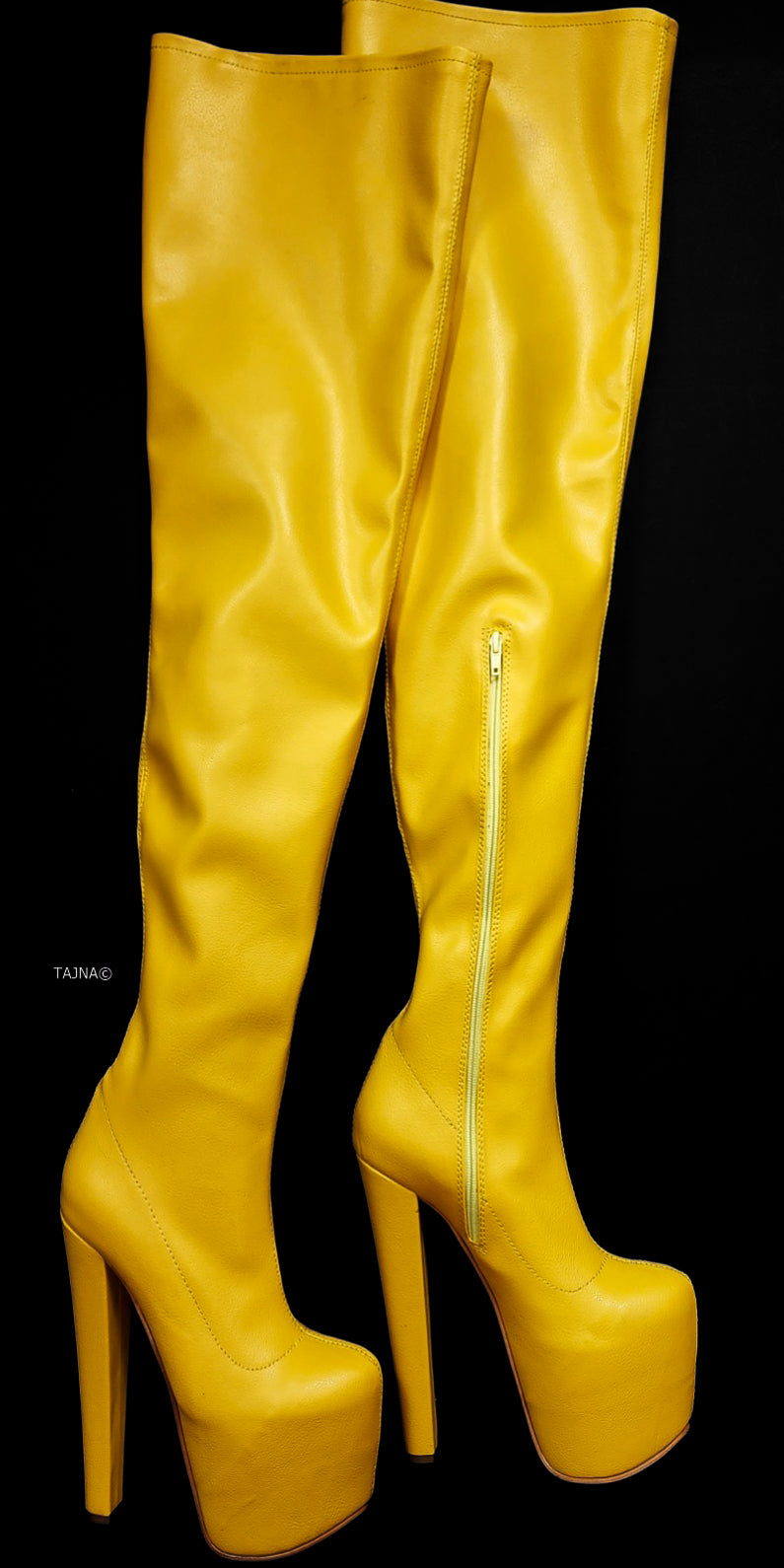 Extra Long Yellow Matte Strech Thigh High Boots – Tajna Club