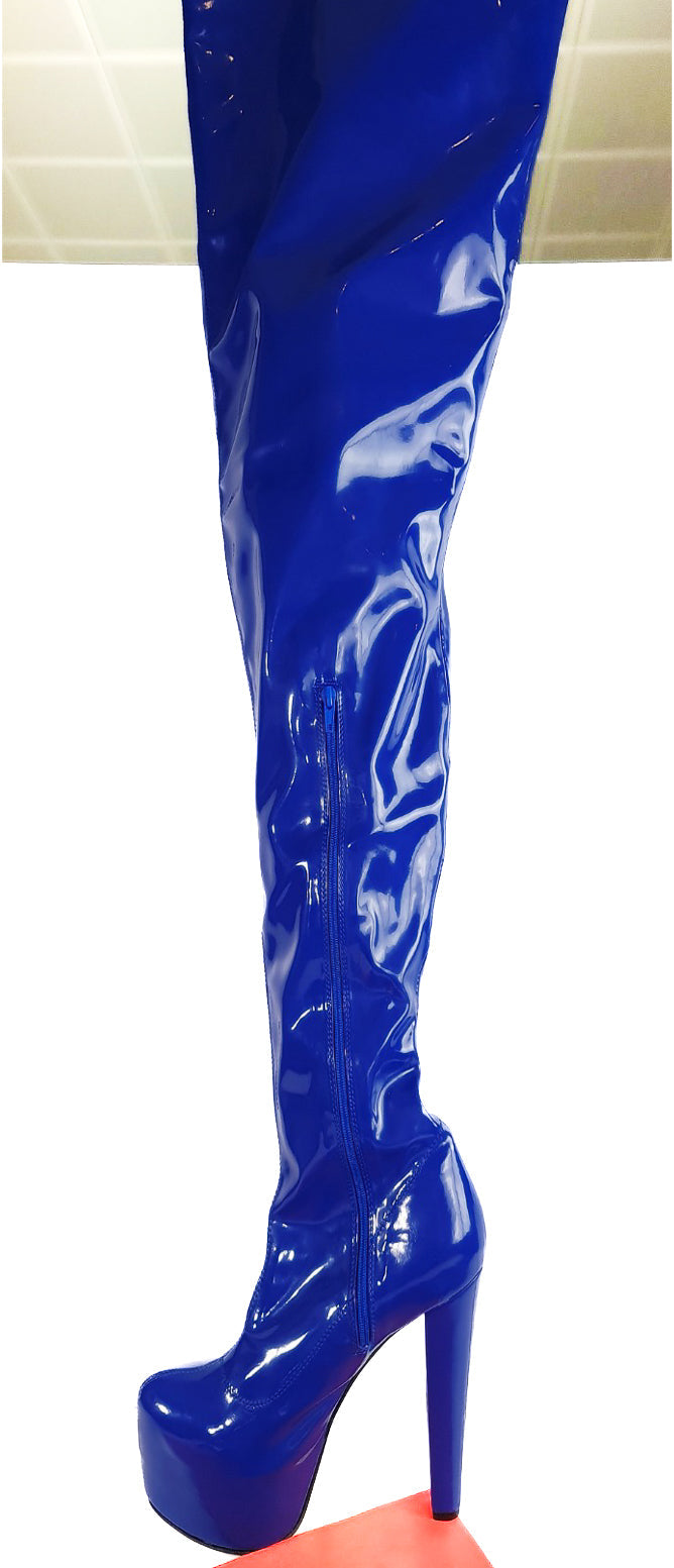 Extra Long Blue Gloss Stretch Thigh High Boots