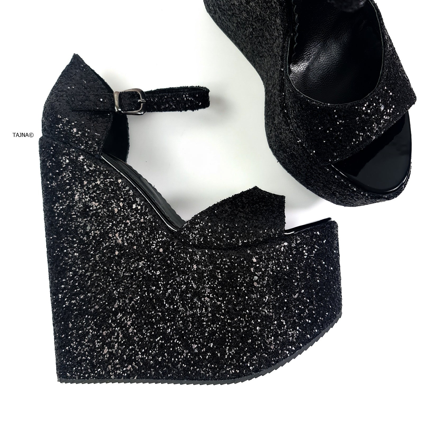 Black Sparkle Wedge Platform Sandals | Tajna Shoes – Tajna Club