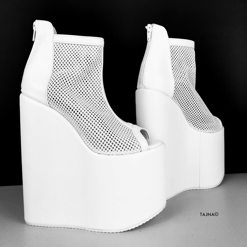 White Fishnet Detail Peep-toe Wedge Platform Boots