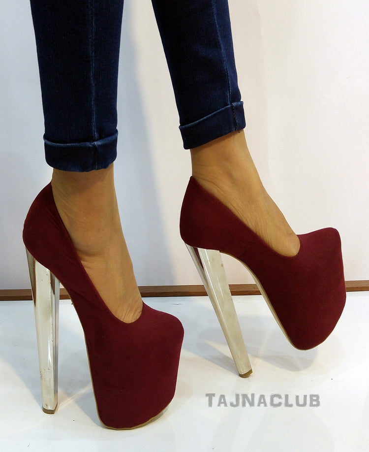 Claret Red  Silver High Heel Platform Shoes - Tajna Club