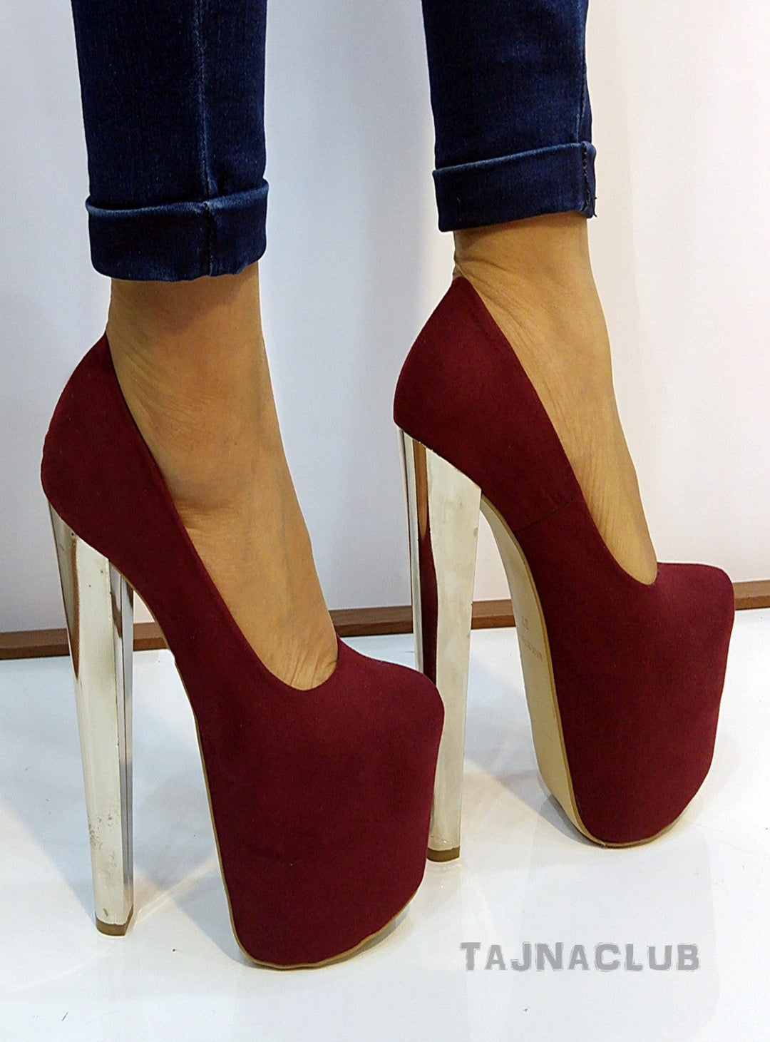 Claret Red  Silver High Heel Platform Shoes - Tajna Club