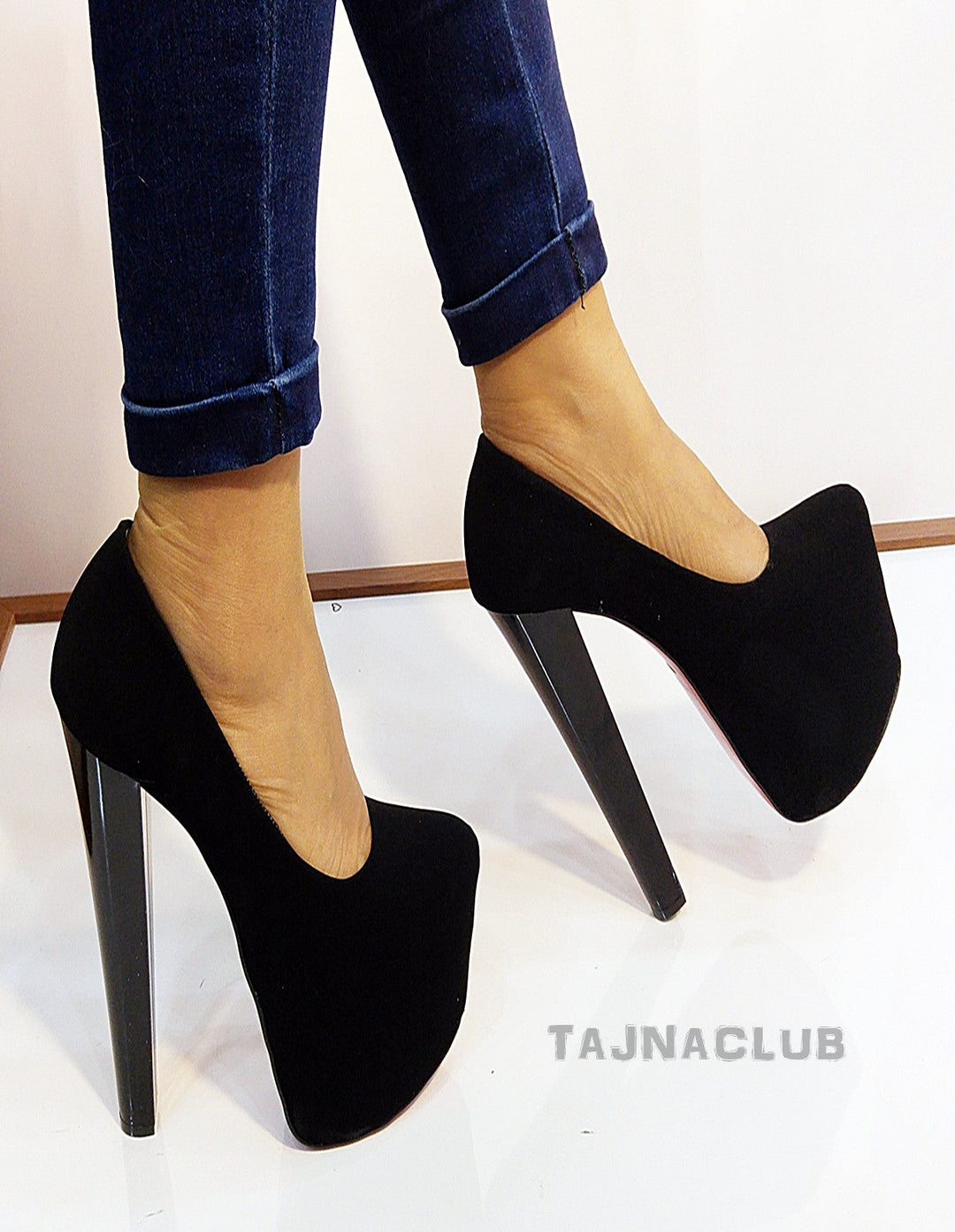 Faux Suede Black 20 cm High Heel Shoes - Tajna Club