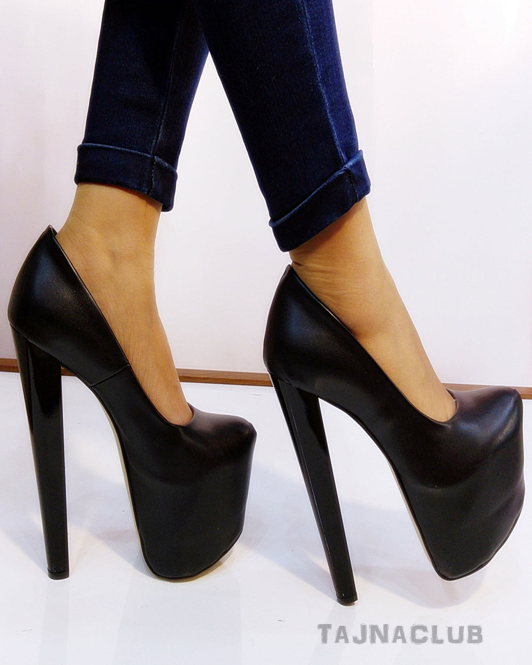 Black Faux Leather 19 cm High Heel Shoes - Tajna Club